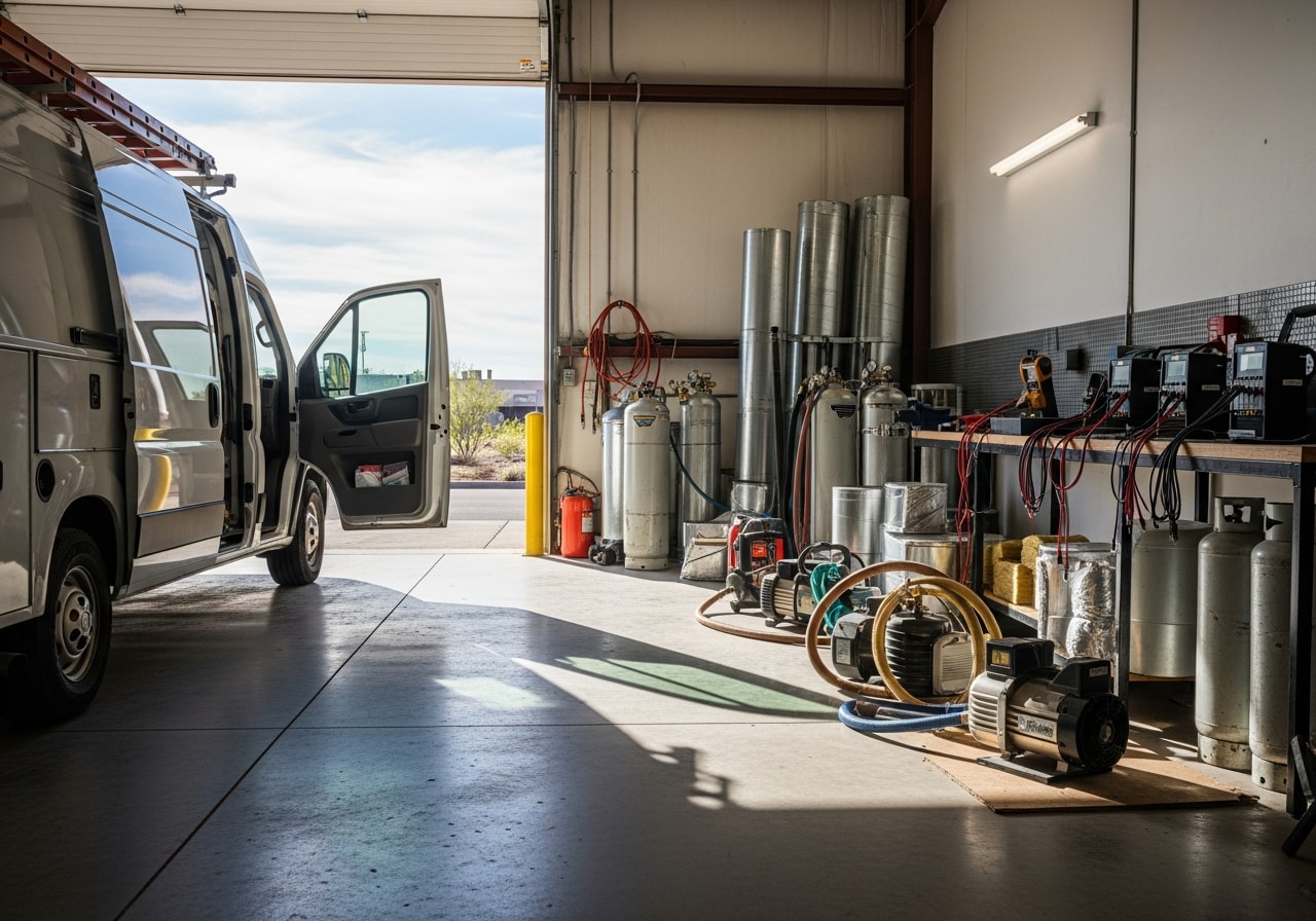 HVAC technician tools and equipment ready for service calls.