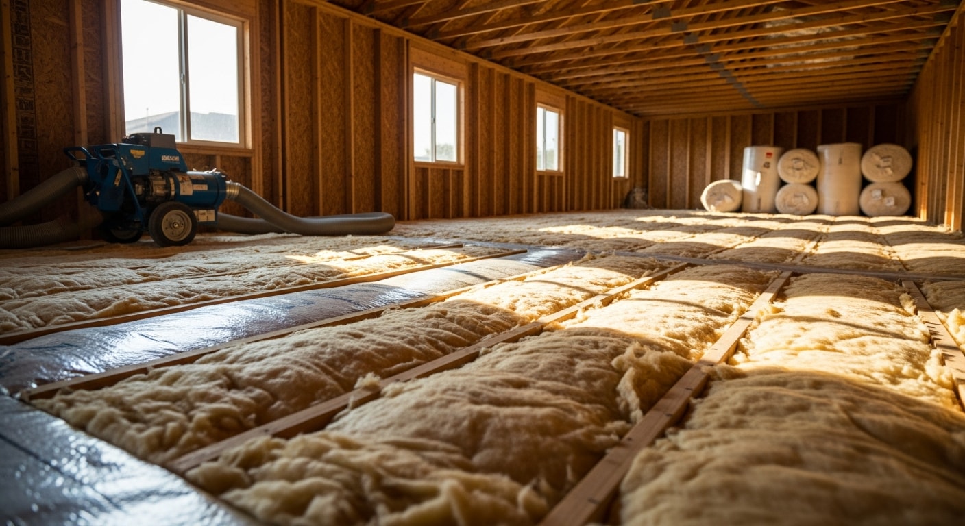 Attic insulation being installed in a residential home