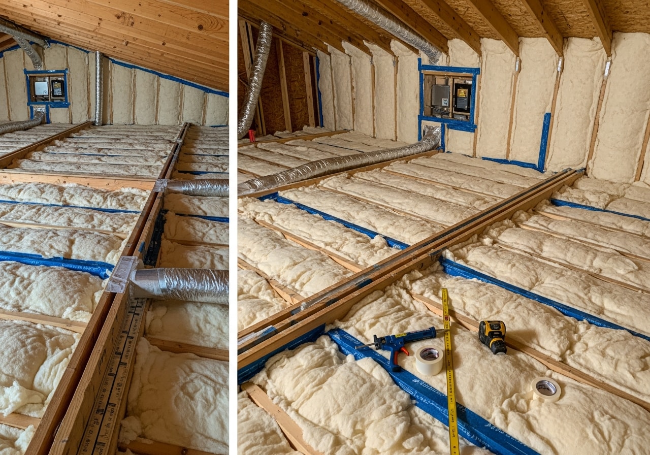 Blown-in cellulose insulation installed in Gilbert attic with sealed penetrations visible