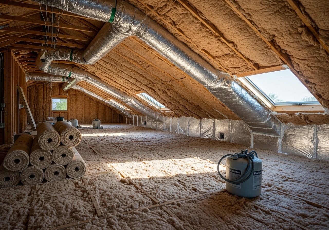 Blown-in fiberglass insulation covering attic floor joists in Scottsdale residence
