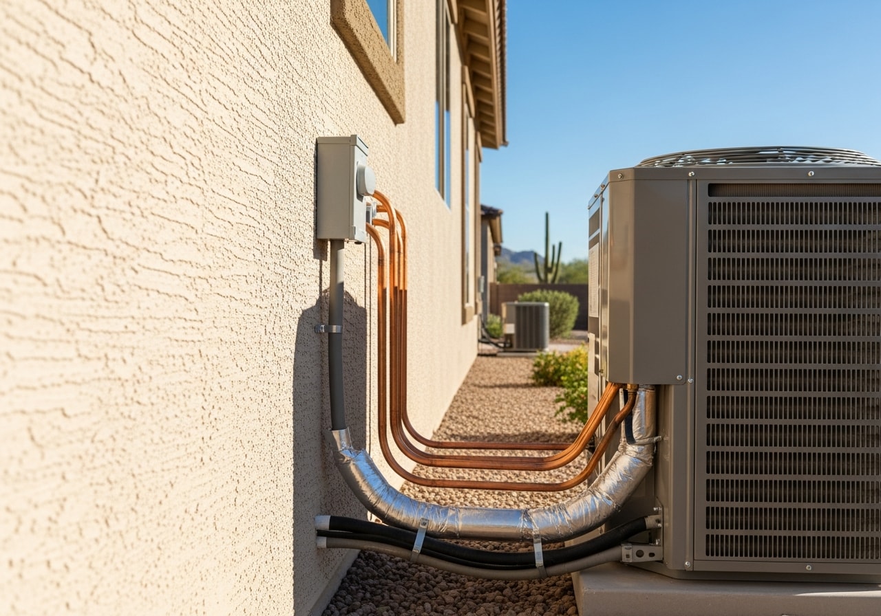 New HVAC unit installed on exterior pad of Surprise home with ductwork connections visible