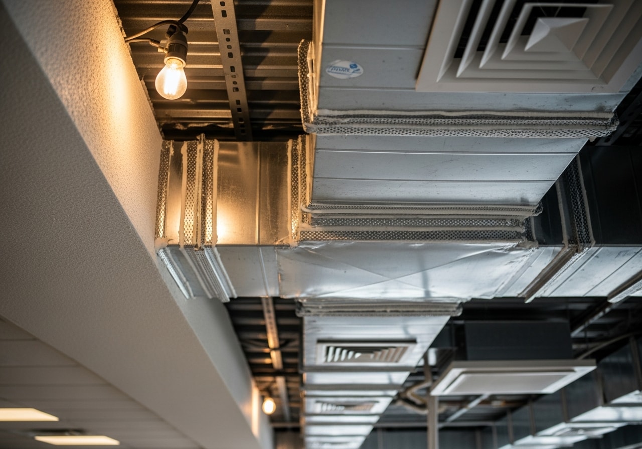 Technician sealing ductwork joints with mastic in Mesa commercial building