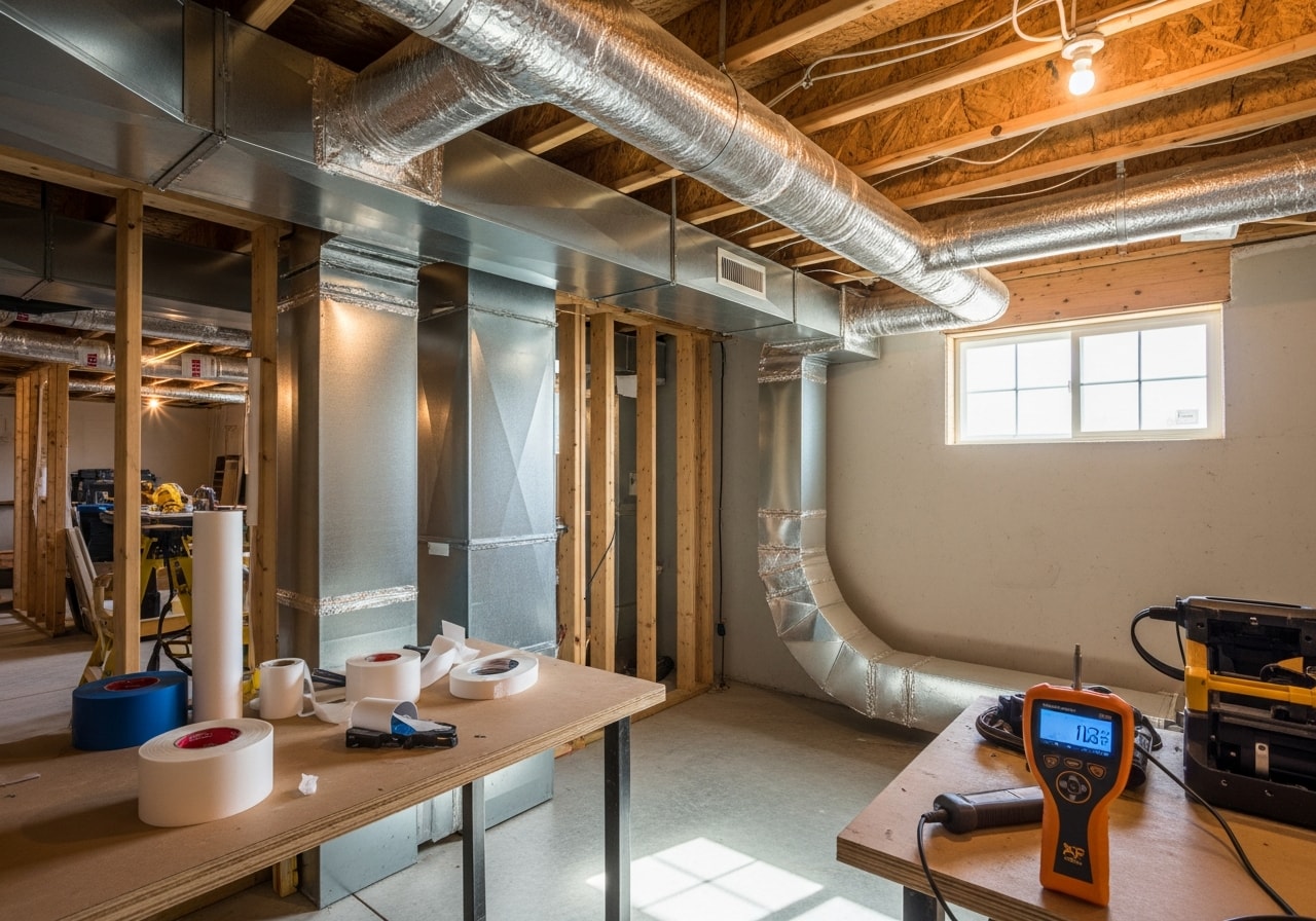 Sealed ductwork in Queen Creek basement with aeroseal application visible on joints