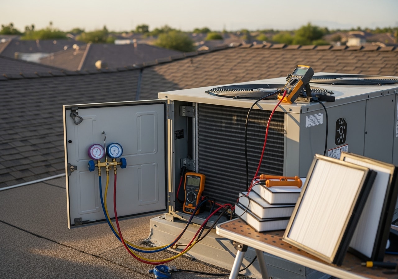 HVAC technician performing coil cleaning and filter replacement on residential unit in Chandler