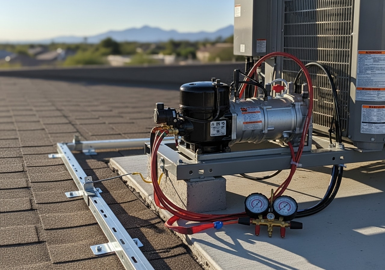 New compressor unit installed and connected in Peoria residential HVAC system
