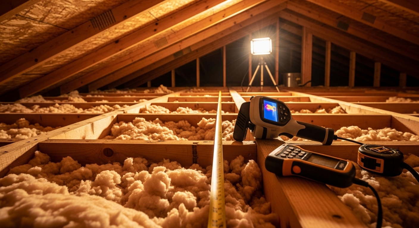A Supreme Air insulation contractor inspecting attic insulation coverage and depth in a Surprise, Arizona home. The image shows the attic floor with visible insulation layers and a technician checking for gaps near duct penetrations.