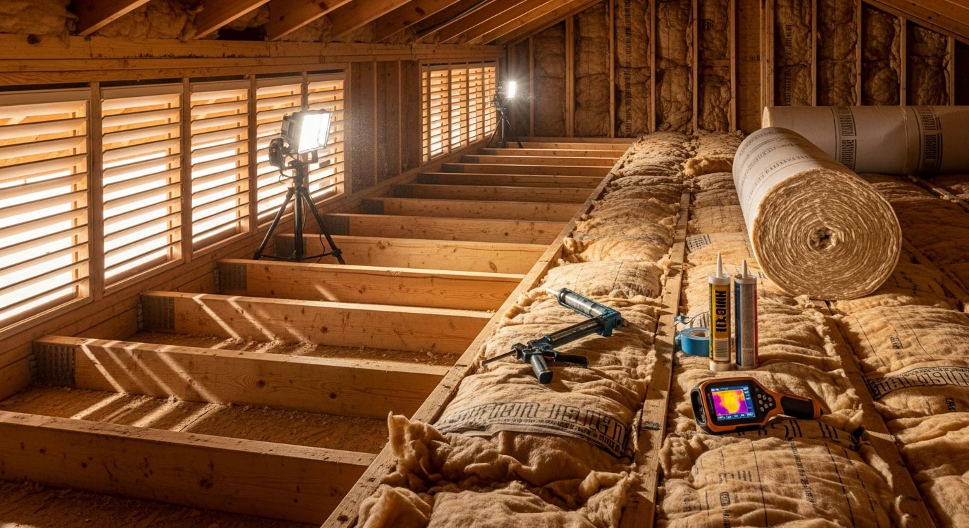 A Surprise, AZ attic with freshly installed blown-in insulation covering the attic floor evenly between joists. A Supreme Air technician in protective gear is visible applying insulation material in the background.