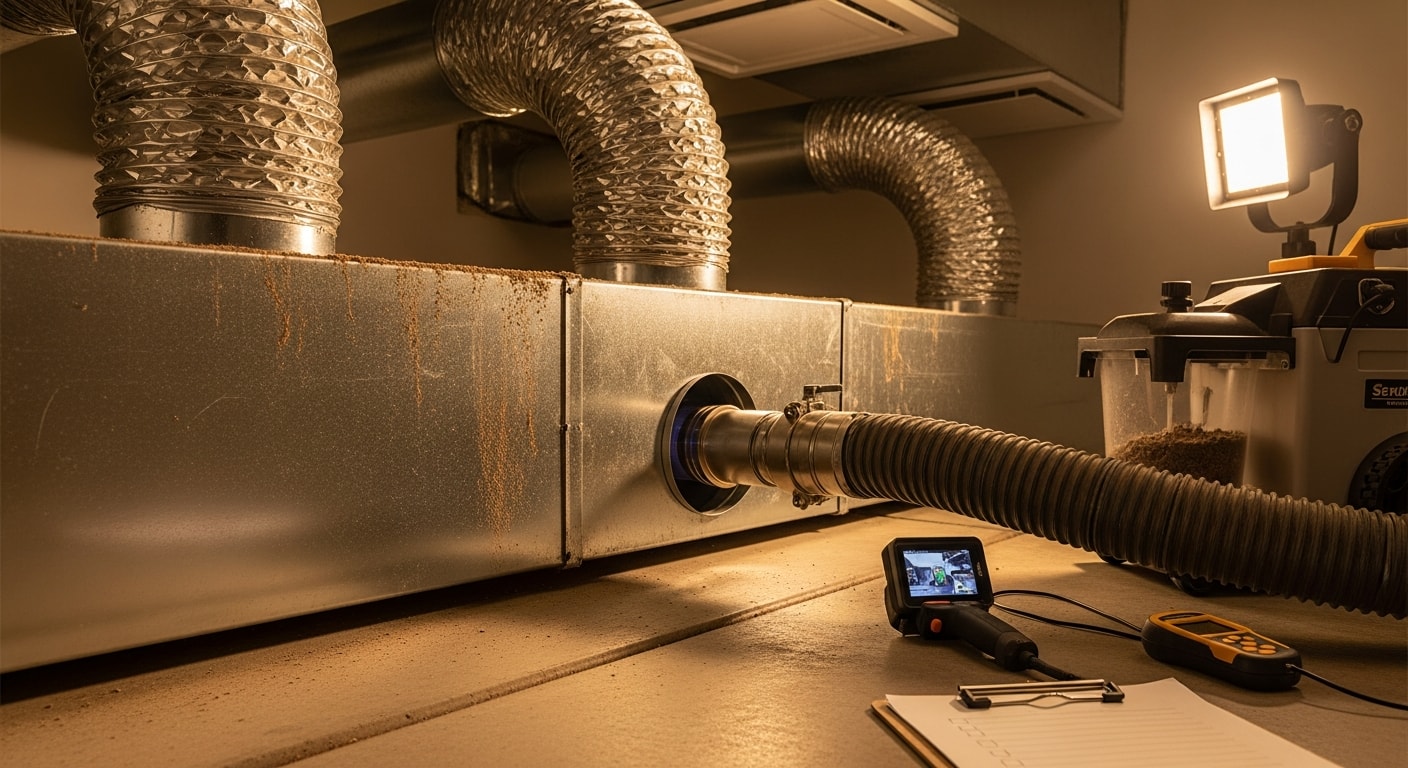 A Supreme Air HVAC technician using negative-pressure vacuum equipment to clean interior ductwork in a Surprise, AZ home. Dust and debris are visible being extracted from a supply duct register.