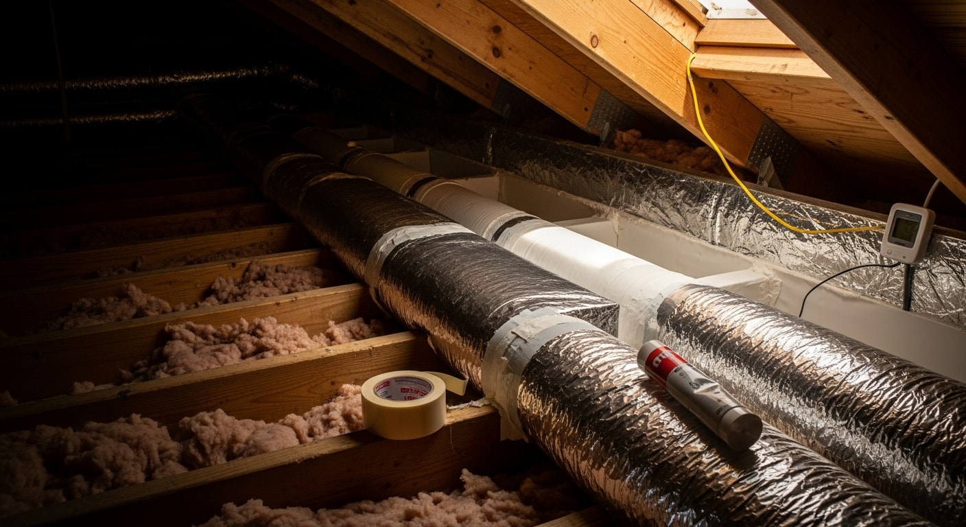 A Supreme Air HVAC technician inspecting and sealing flexible ductwork connections in the attic of a Surprise, Arizona home. Visible duct joints are being treated to stop conditioned air from escaping into the unconditioned attic space.