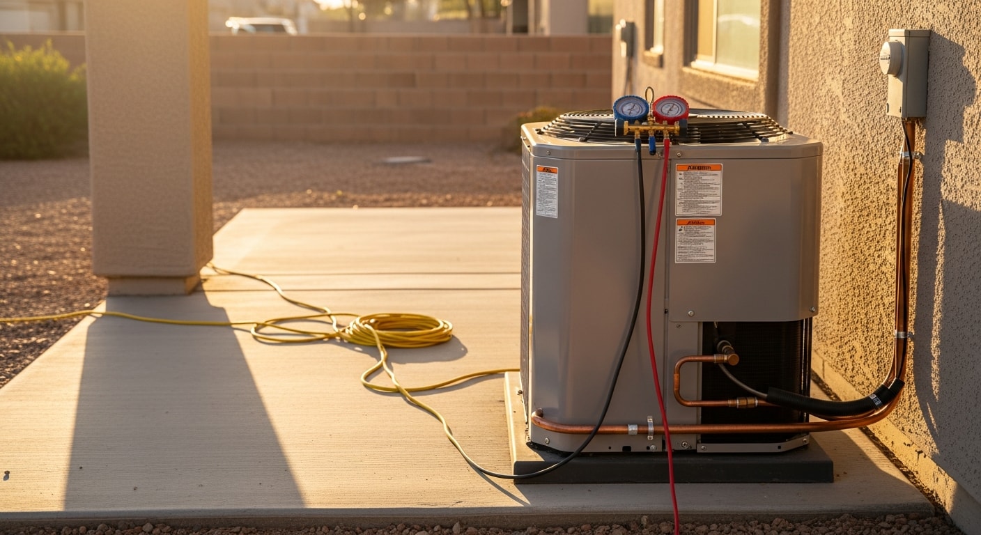 A Supreme Air technician completing an HVAC installation at a single-story residential home in Surprise, AZ. The outdoor condenser unit is positioned beside the home under a clear desert sky.