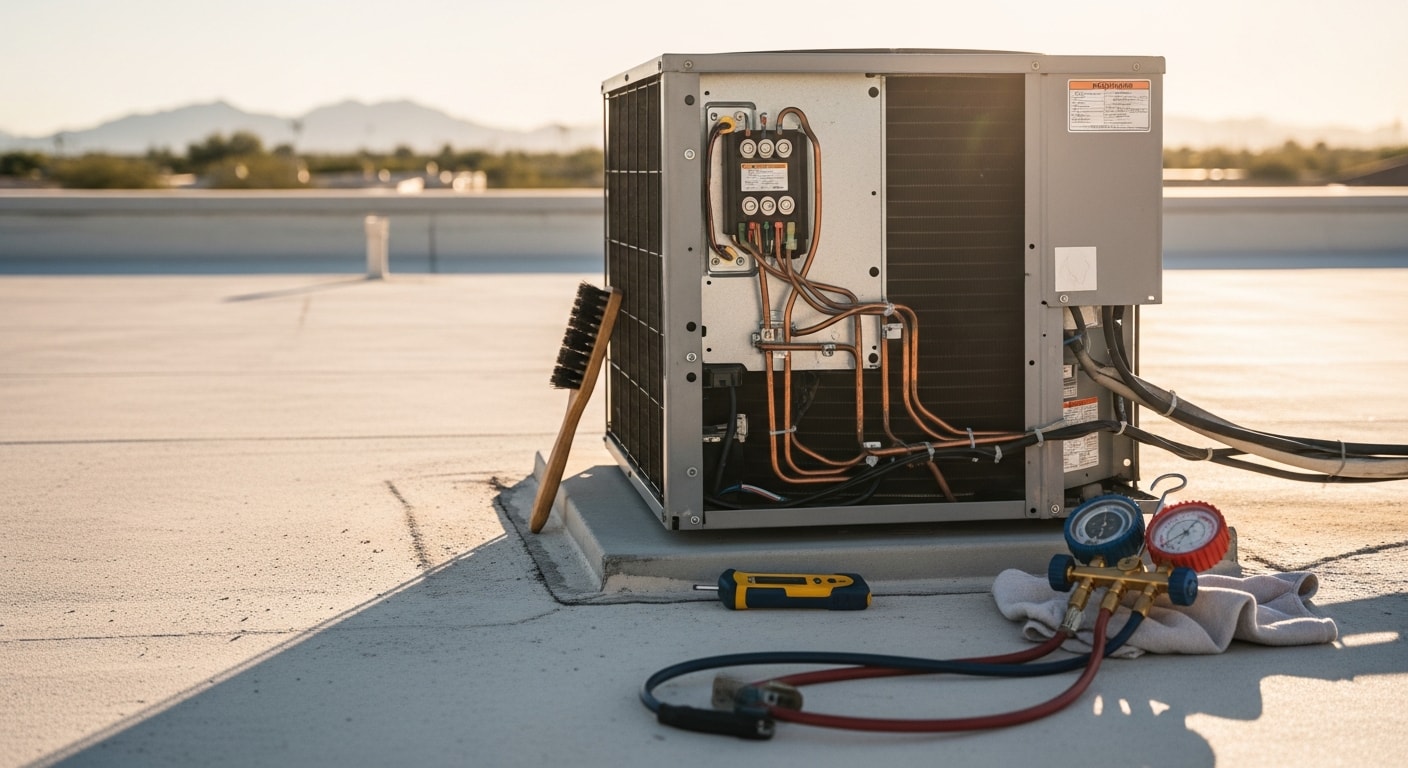 A Supreme Air technician inspecting and cleaning the outdoor condenser unit of a residential HVAC system at a single-family home in Surprise, AZ. The unit sits on a concrete pad beside a stucco exterior wall under a clear desert sky.