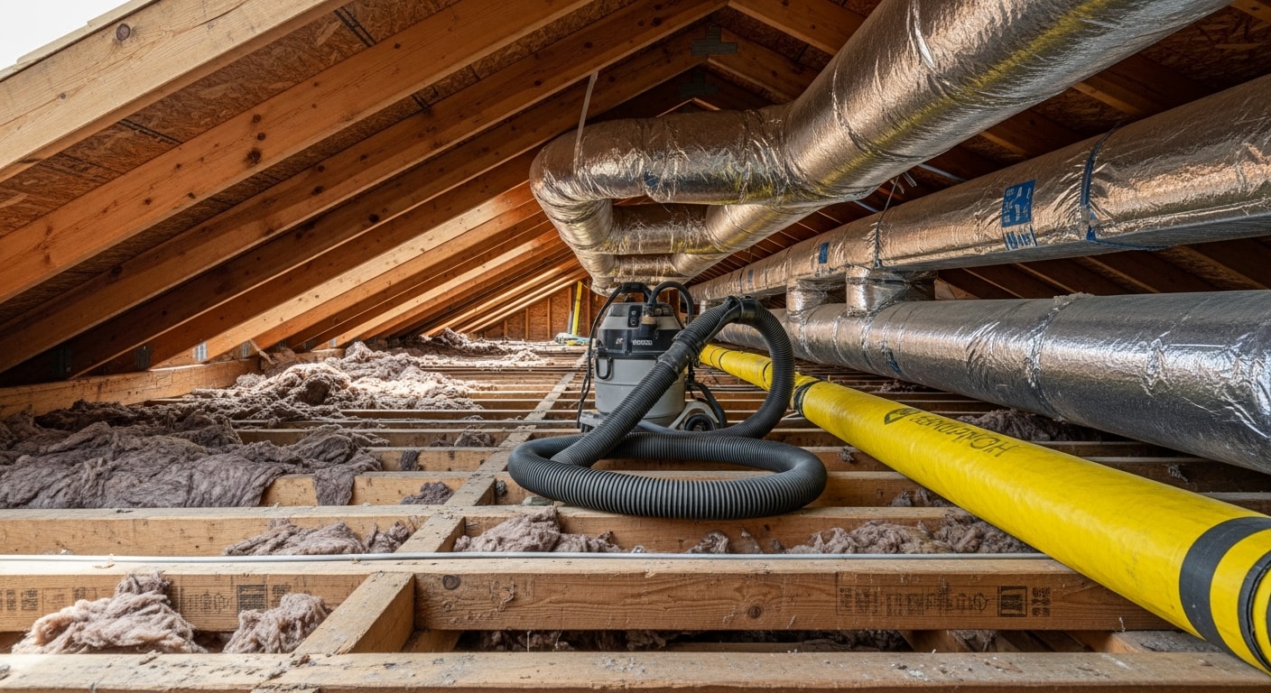 A Surprise, Arizona attic with old, degraded insulation being extracted by a technician using industrial vacuum equipment. The attic floor is partially cleared, showing the condition of the existing material before removal is complete.
