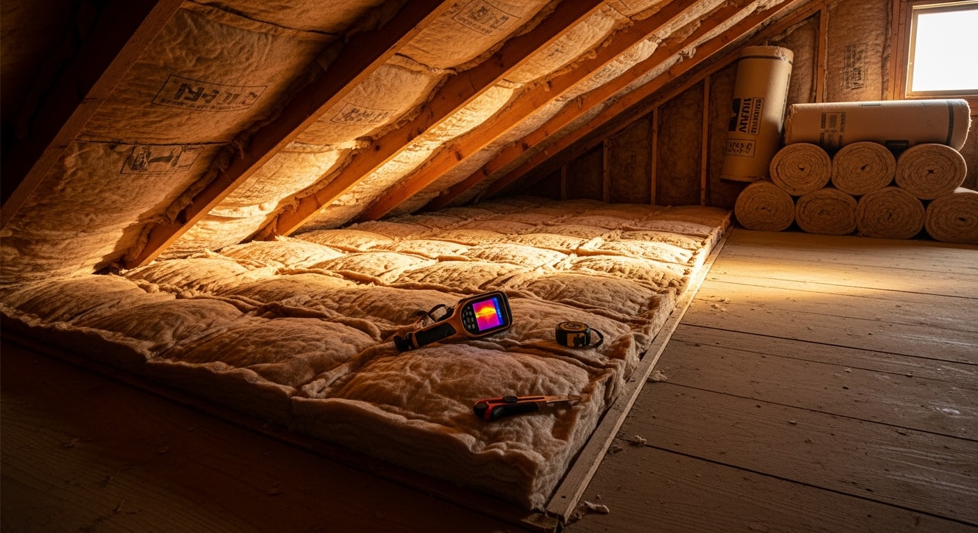 A Surprise, Arizona attic after a professional insulation upgrade, showing even coverage of blown-in insulation across the attic floor with no visible gaps or thin spots. The stucco-exterior single-family home exterior is visible through the attic vent opening in the background.
